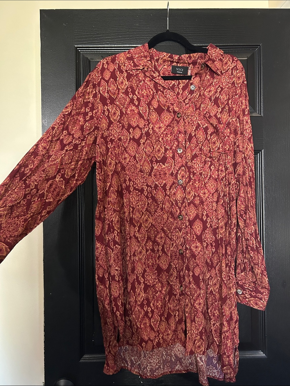 VICI Red Paisley-Print Long Sleeve Button Dress